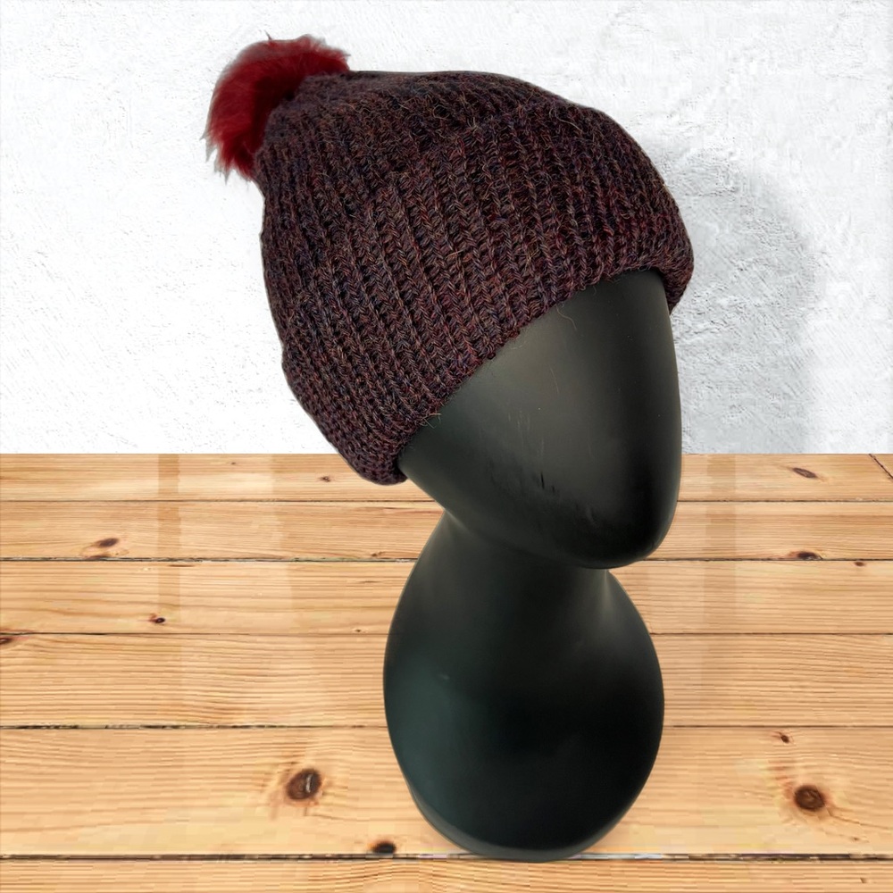 Handmade 100% Alpaca Knit Slouch Hat Beanie Borealis Blue Faux Rabbit Pom Pom - Picture 3 of 11